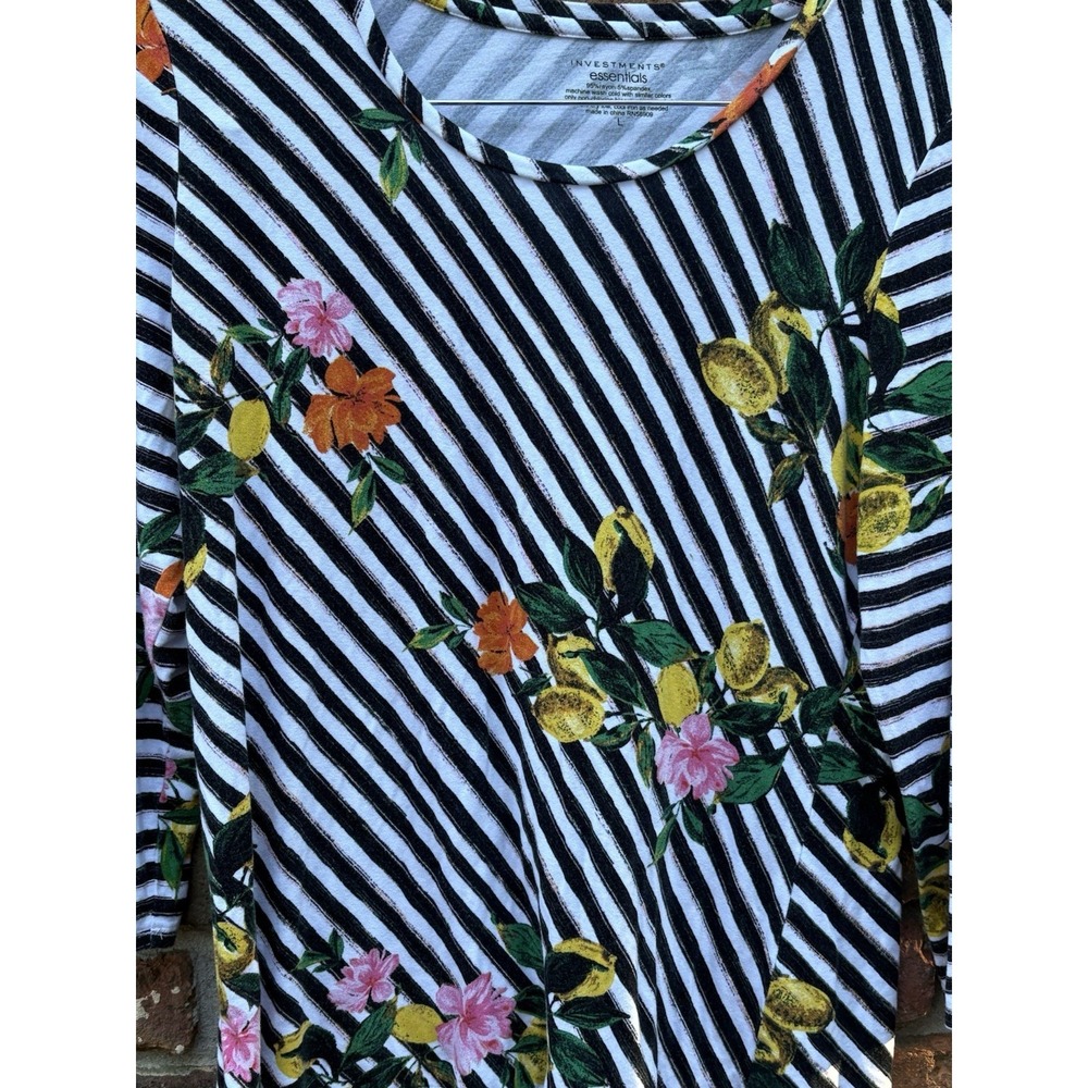 Investments Essentials‎ Petites  Size L  3/4 Sleeve Blouse Top lemons stripes - Picture 5 of 9